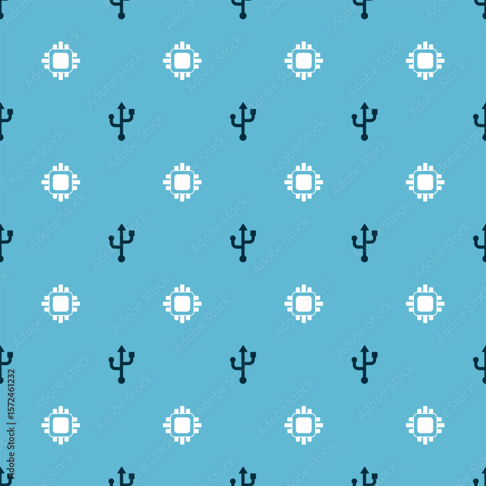 Poster set usb and processor with cpu on seamless pattern. vector