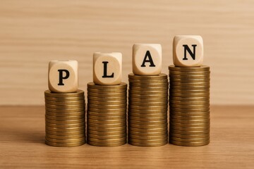 Financial Planning Concept With Coins and Wooden Blocks Showcasing the Word Plan in a Workspace Setting
