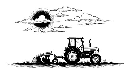 farm tractor with plow countryside landscape hand drawn vector © Aisha Kudorova