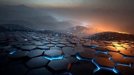 Abstract hexagonal landscape background with glowing blue and orange lights futuristic tech design