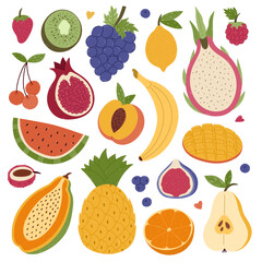 Big lovely cartoon set with summertime fruits and berries. Hand drawn clipart of tropical, exotic, farming sweet food for print, social media, packaging, restaurant menu. Grape, peach, pear, mango.