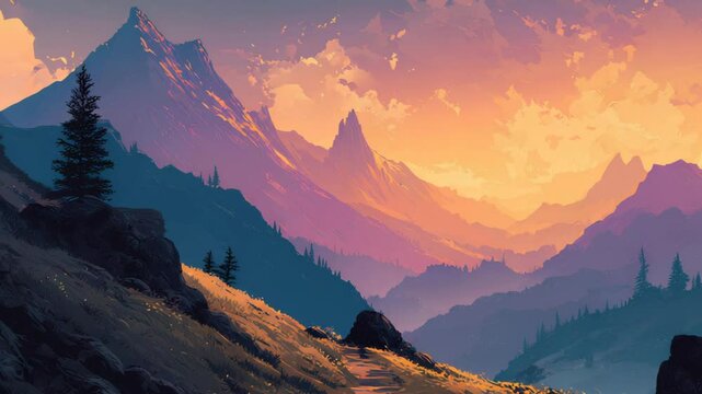 The silhouette of majestic mountains contrasts against the fiery colors of sunset, while a gentle path winds through the rocky terrain, inviting weary travelers to explore.