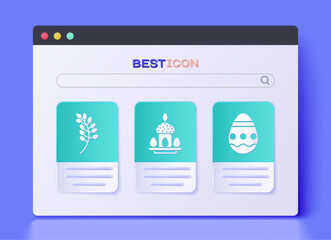 Set Easter cake and eggs, Willow leaf and Easter egg icon. Vector