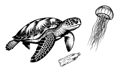 sea turtle and jellyfish with plastic bottle ocean pollution concept vector pattern shape