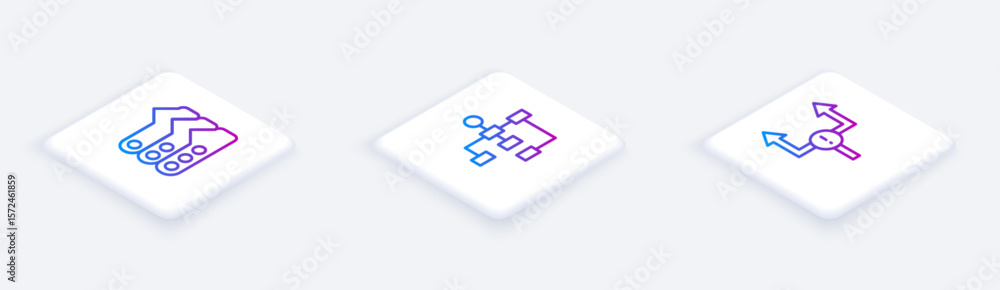 Poster set isometric line graph, chart, diagram, hierarchy organogram and arrow. white square button. vecto