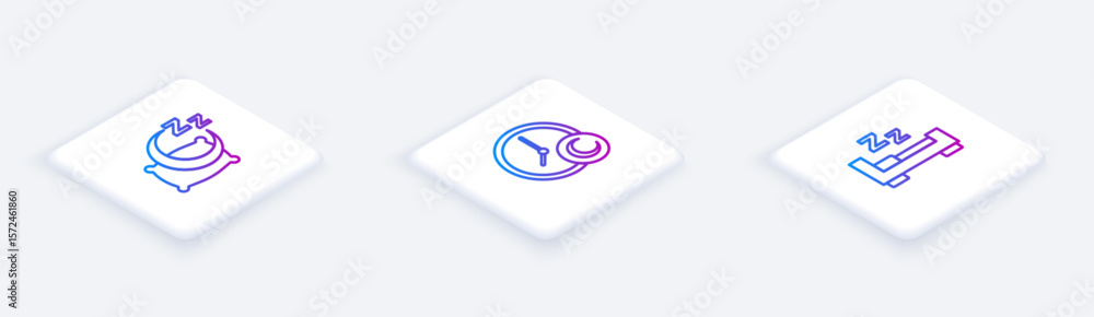 Poster set isometric line time to sleep, and . white square button. vector