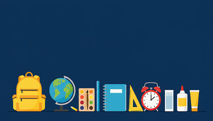 Collection of colorful school supplies arranged on a dark blue background