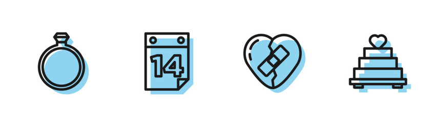 Set line Healed broken heart, Diamond engagement ring, Calendar with February 14 and Wedding cake icon. Vector