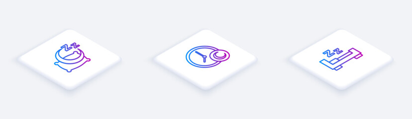 Set Isometric line Time to sleep, and . White square button. Vector