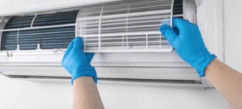 The professional replacing air conditioning filter with blue gloves for maintenance.