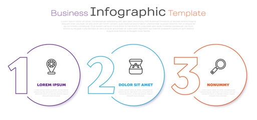 Set line Jewelry store, Diamond engagement ring in box and Magnifying glass. Business infographic template. Vector