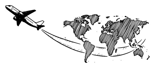 airplane travel around the world map with flight route sketch vector pattern shape
