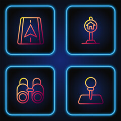 Set line Push pin, Binoculars, City map navigation and Hotel sign for traffic. Gradient color icons. Vector