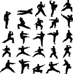 Martial arts pose silhouette collection, kung fu, karate action figures, fighting stance vector art, black flat design for CAD use