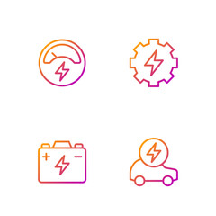 Set line Electric car, Car battery, Voltmeter and Gear and lightning. Gradient color icons. Vector