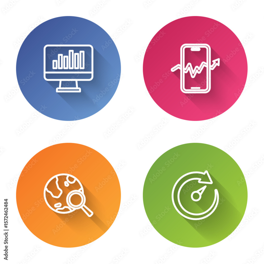 Poster set line monitor with graph chart, mobile stock trading, search globe and digital speed meter. color