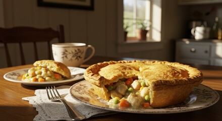 Delicious homemade chicken pot pie on a wooden table with coffee cup and side dish, warm inviting kitchen setting with natural light