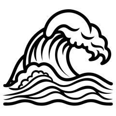 Stylised black and white illustration of a crashing ocean wave isolated on white background