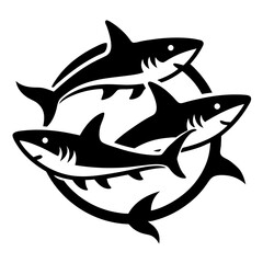 Three black sharks swimming in a circle isolated on white background