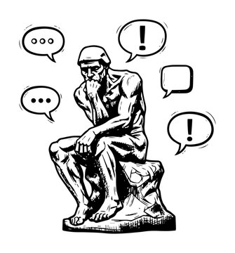 the thinker statue with speech bubbles philosophy sketch