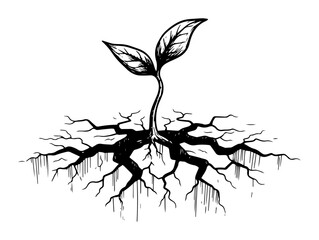 young plant sprout with roots breaking cracked soil symbol of resilience hand drawn vector illustration