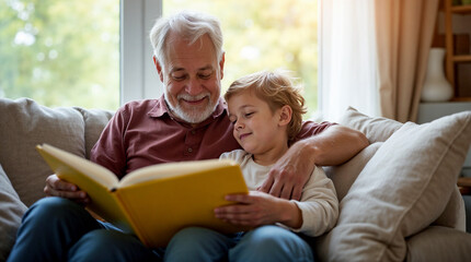 Obraz premium Grandfather reading a book to his grandchild in a bright living room, both smiling.