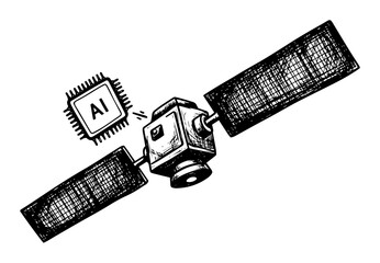 space satellite integrated with artificial intelligence processor orbiting sketch style