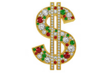 Golden dollar sign with gems isolated on transparent background