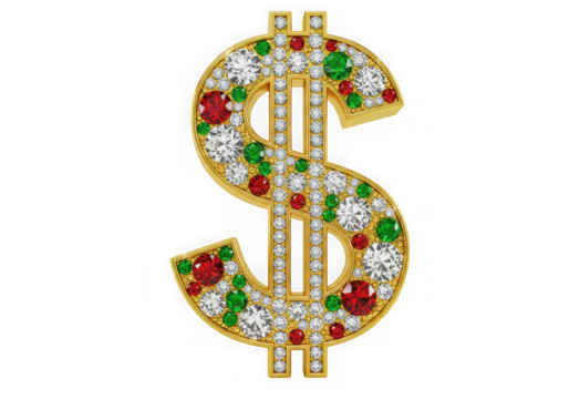 Golden dollar sign with gems isolated on transparent background - Powered by Adobe