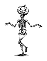 dancing skeleton with pumpkin head funny halloween jack o lantern drawing