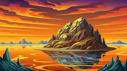 Sunset over lake vector, panoramic landscape, golden hour light, tranquil water reflection, peaceful nature scene, scenic view, calm sky, evening outdoors, serene travel destination cartoon