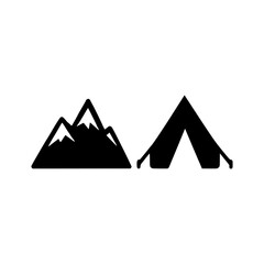 Simple black silhouette of mountains and a tent for camping adventures