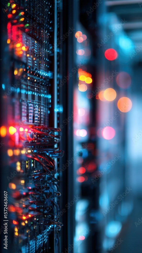 Poster closeup shot of a hightech server rack within a modern data center featuring blinking leds and intri