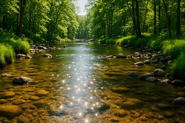 夏の陽光がきらめく森林の川｜Sunlit Forest River in Summer