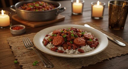 Delicious bowl of rice served with red beans and sausage with garnished scallions on table with candles in cozy warm ambiance