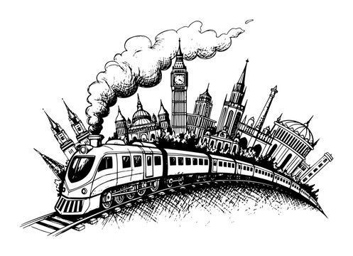 train journey around the world with famous landmarks travel concept vector pattern shape