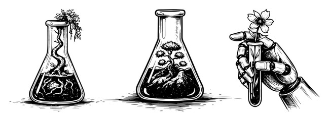 botanical alchemy laboratory flasks with herbs and fungi experimental science illustration