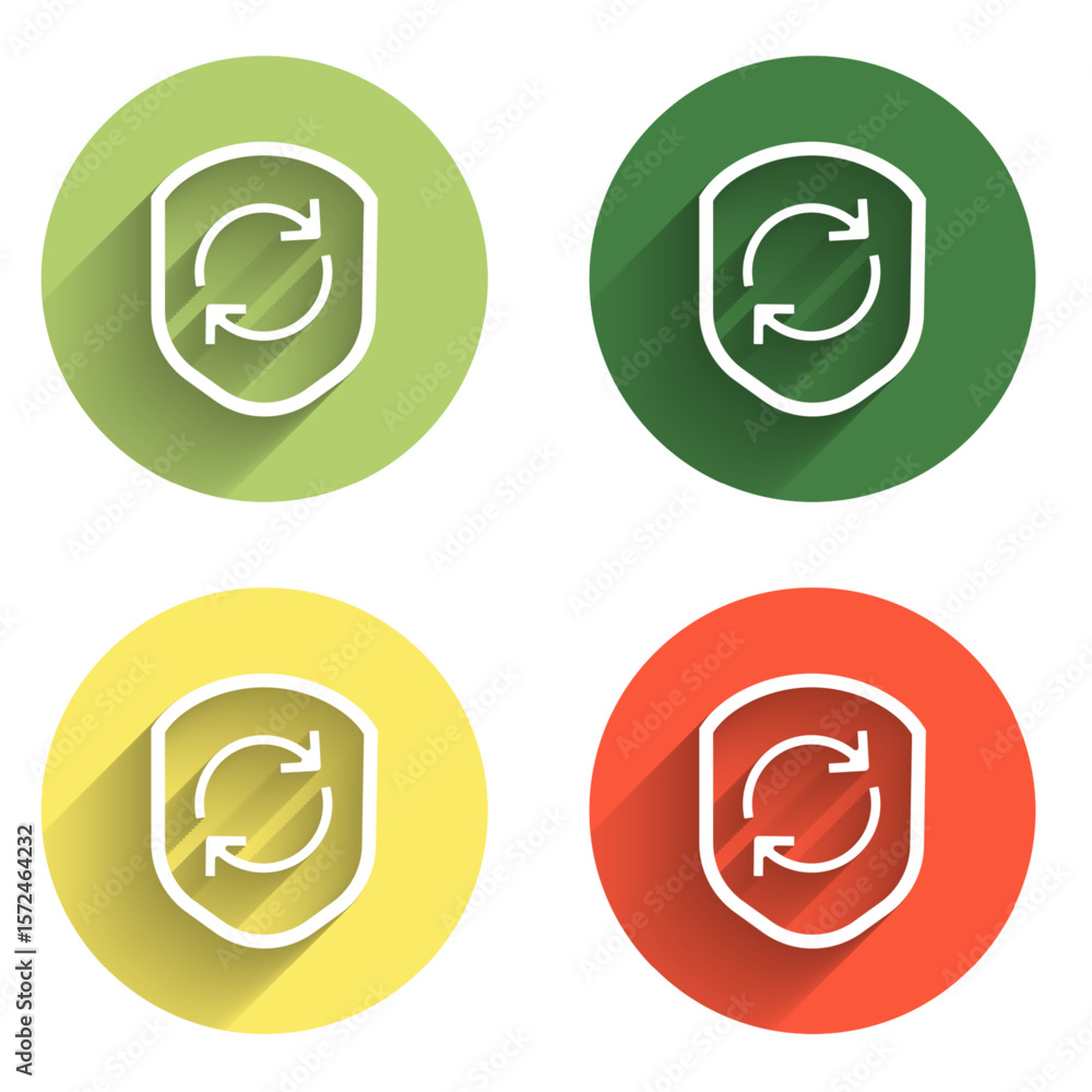 Poster set recycle symbol inside shield icon isolated with long shadow background. eco protection sign. col