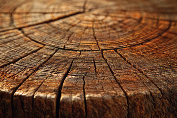 Obraz premium Tree ring wood texture closeup natural pattern brown color rough surface annual growth timber rustic organic material detailed macro view of tree trunk cross section showing age rings and cracks
