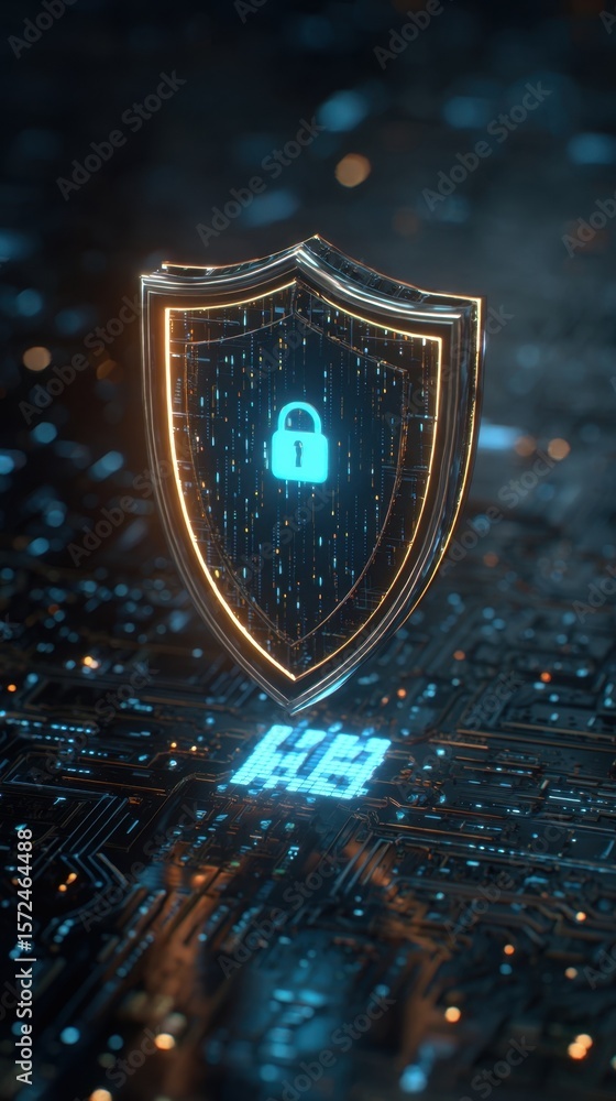 Poster engaging 3d animation depicting a cybersecurity shield and lock icon radiating light from a microchi
