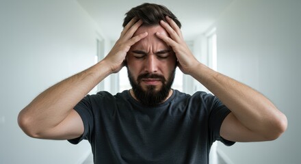 Emotional distress of a young man in a hallway, showcasing feelings of anxiety and frustration with a modern minimalist background