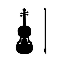Simple black silhouette of a violin and its bow on a white background