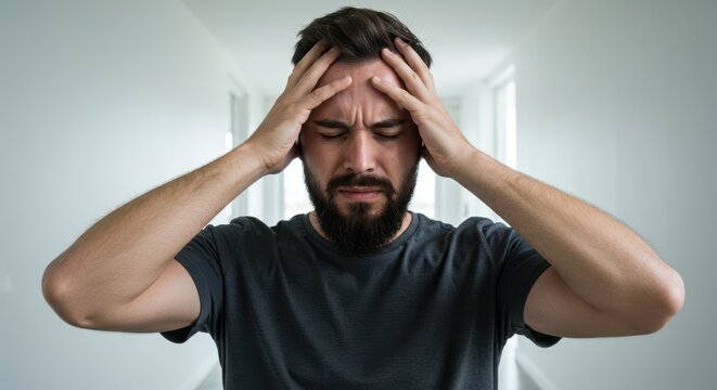 Emotional distress of a young man in a hallway, showcasing feelings of anxiety and frustration with a modern minimalist background - Powered by Adobe