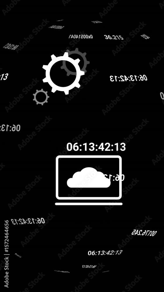 Poster animation of financial data processing and icons over black background