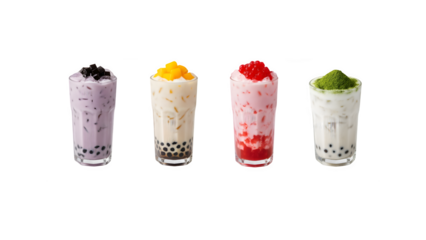 A variety of iced beverages displayed on a white background, Summer drinks with an Asian twist


