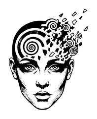 woman face with exploding head concept of consciousness vector