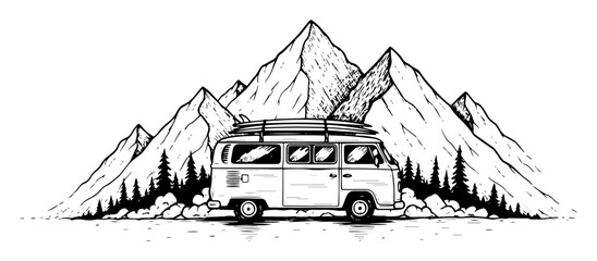 retro camper van with surfboard in mountains vector sketch