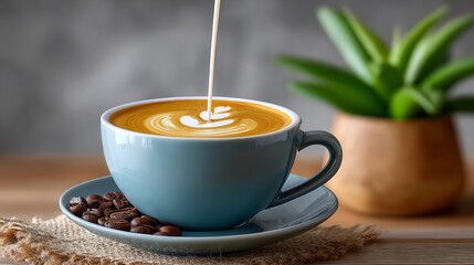 Cup of coffee with milk poured into it sits on a blue saucer