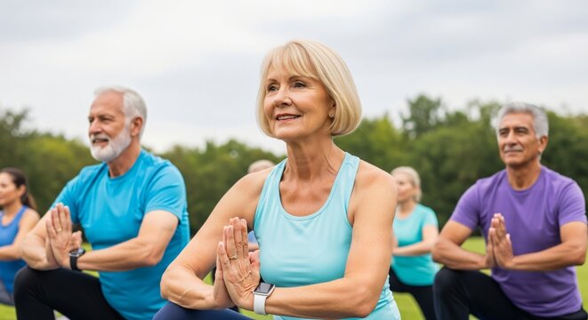 Active Seniors Practicing Yoga Outdoors in a Park Group Fitness Wellness