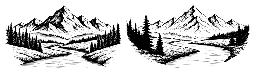 mountain landscape with river and forest sketch vector set